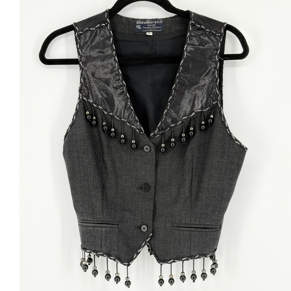 VTG 90s Abercrombie & Fitch Country Clothes Wool Beaded Fringe Vest Black Medium